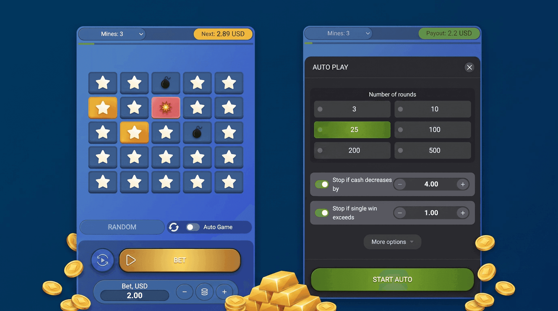 Mines game interface 5x5 grid stars mines multipliers Ghana