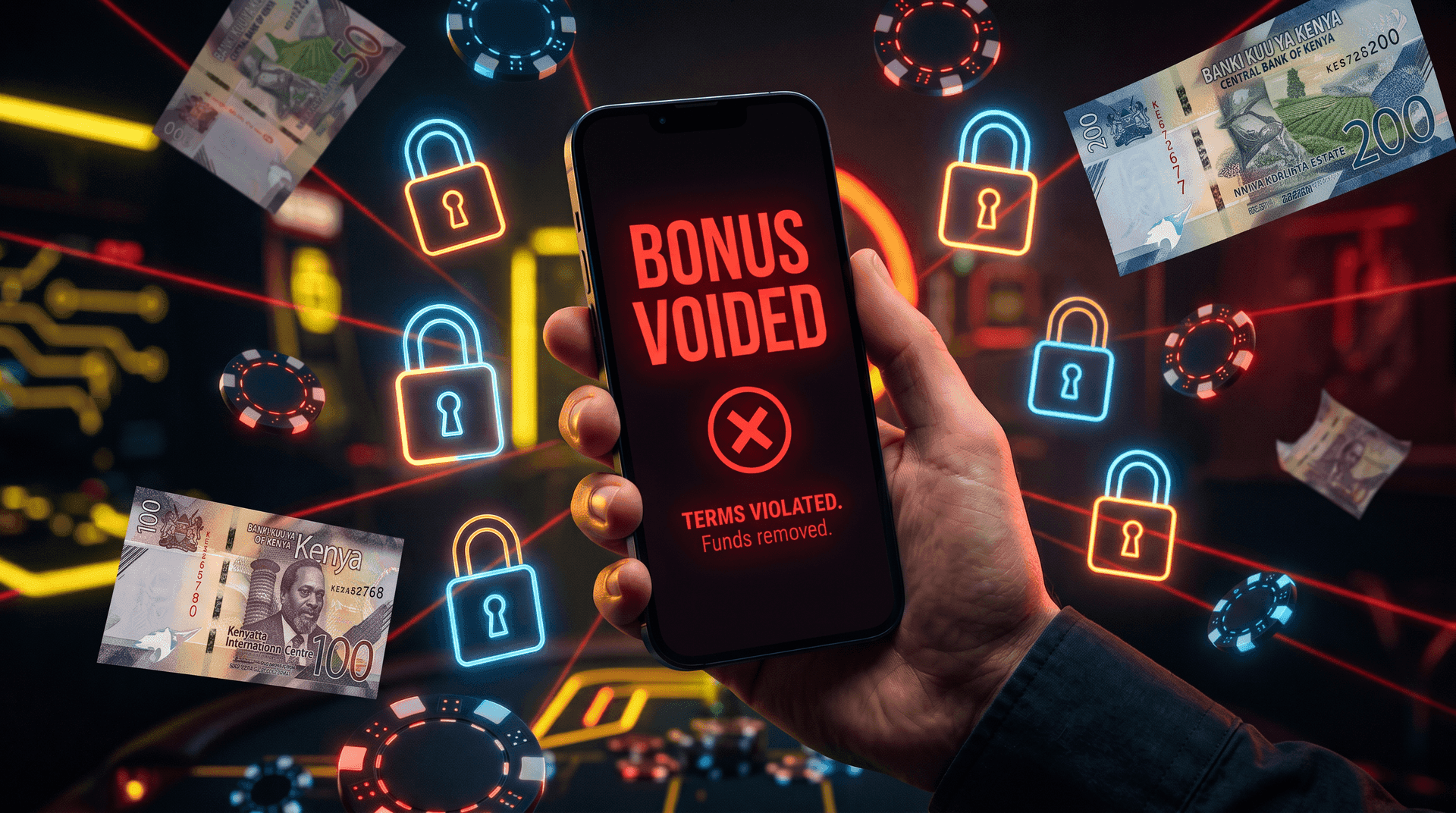 Smartphone showing BONUS VOIDED after Kenyan casino bonus terms were violated