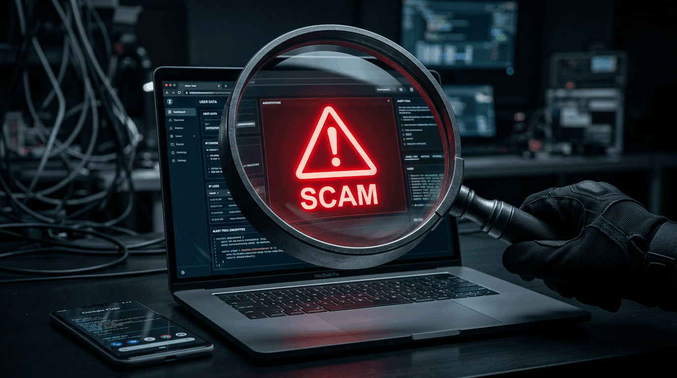 Magnifying glass scanning a laptop for casino scams