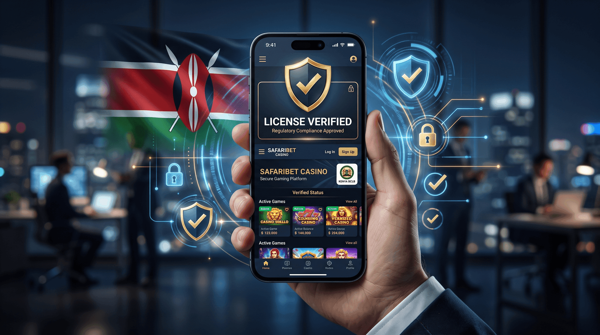 Verified BCLB Kenya casino license shown on a mobile betting app