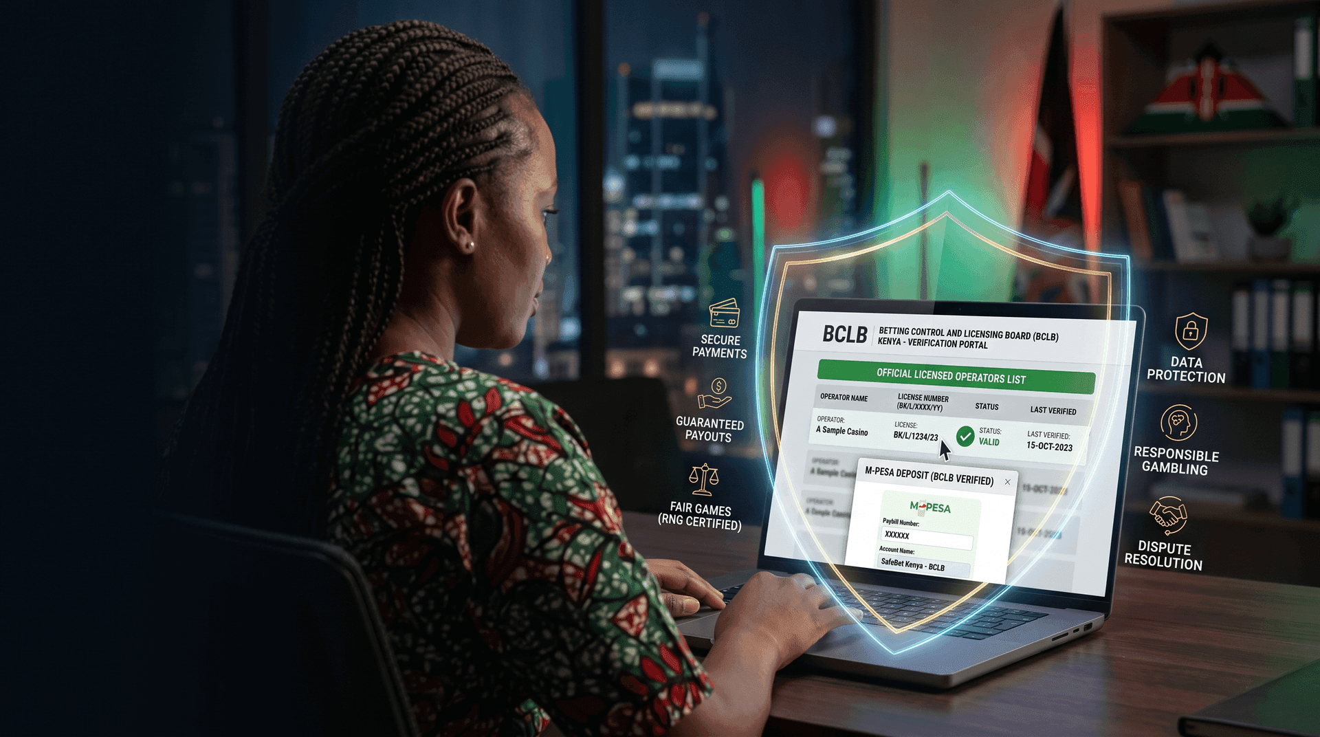 BCLB Kenya verification portal listing licensed operators and M-Pesa deposits
